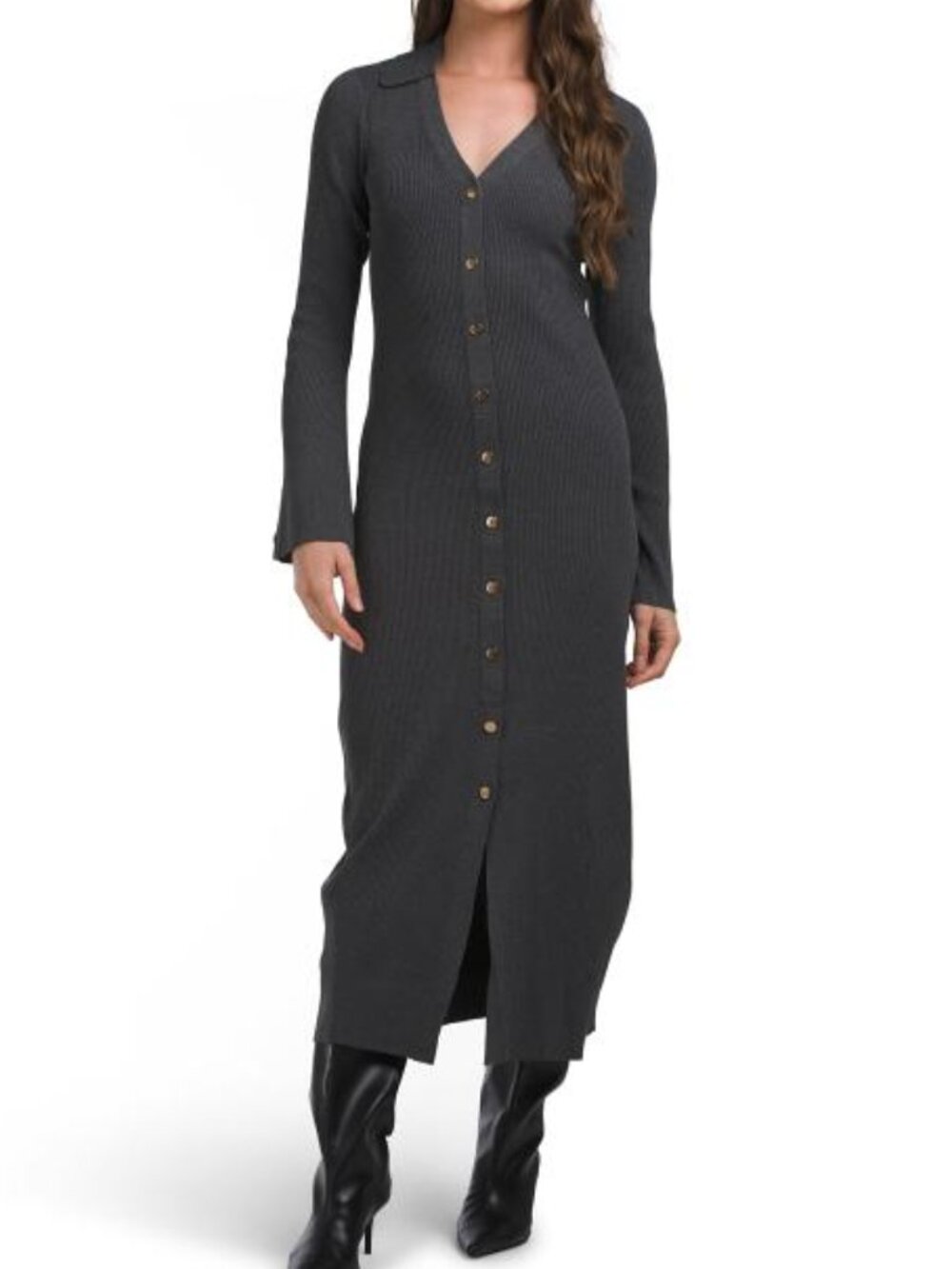 JULIA JORDAN V-neck Faux Button Front Long Sleeve Knit Maxi Dress